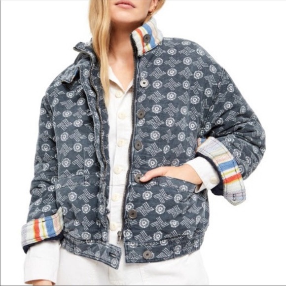 NWT free people | Mackenzie Bomber Jacket Large Indigo Combo Boho Pattern - Picture 2 of 8